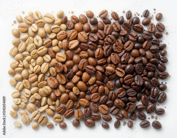 Fototapeta A visually appealing arrangement of coffee beans showing different roast levels from light to dark.