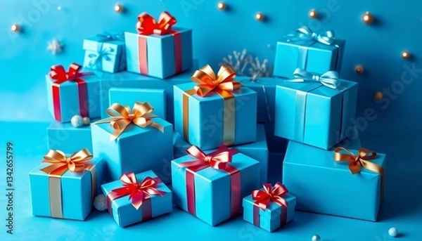 Fototapeta Varied sized blue gift boxes, festive arrangement on a blue background, backdrop, ribbon