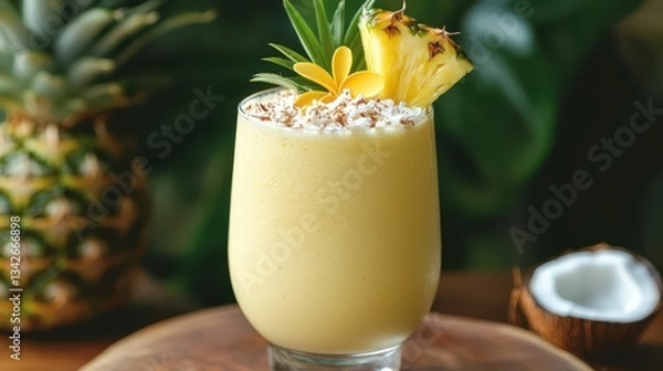 Fototapeta Refreshing Coconut and Pineapple Smoothie with Tropical Garnish