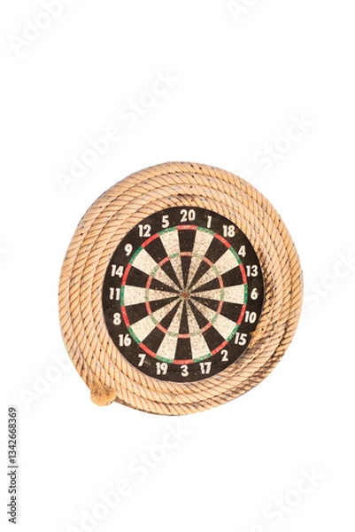 Fototapeta A dartboard framed with a thick, beige rope, isolated against a transparent background. Represents rustic sports, game room decor, and a nautical or western aesthetic.