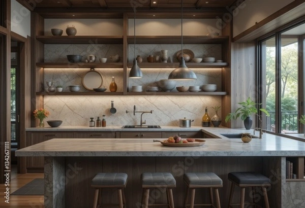 Fototapeta Elegant modern kitchen design home interior photography warm atmosphere eye-level view minimalist aesthetic
