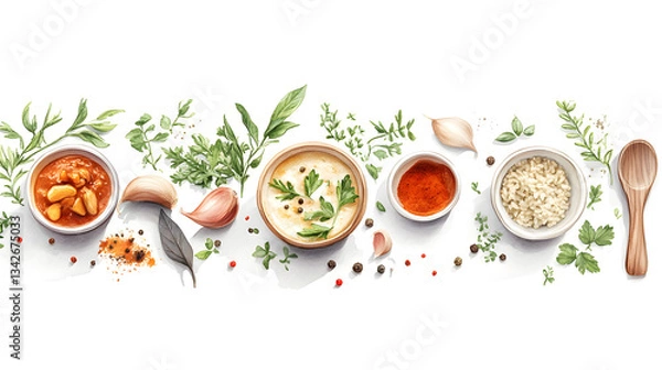 Obraz comfort food menu in Asia. Curry aromatic dish with spices and herbs rich Indian, vibrant watercolor painting illustration on white background