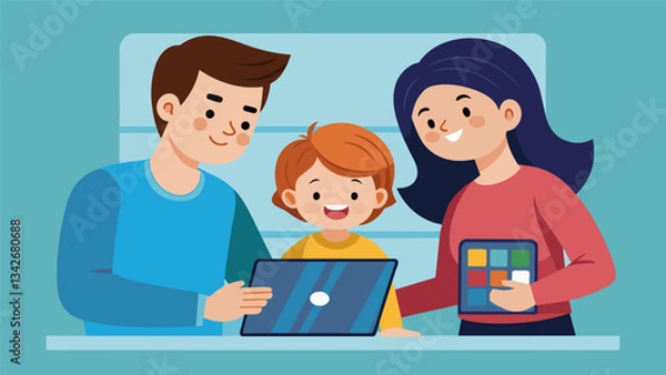 Fototapeta A Gen X couple looking over their childs shoulder as they learn how to edit photos on a tablet.. Vector illustration