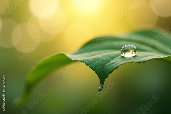 Obraz A Tiny Water Drop on a Leaf, with a Soft Glowing and Blurred Background of Natural Light. AI-generated