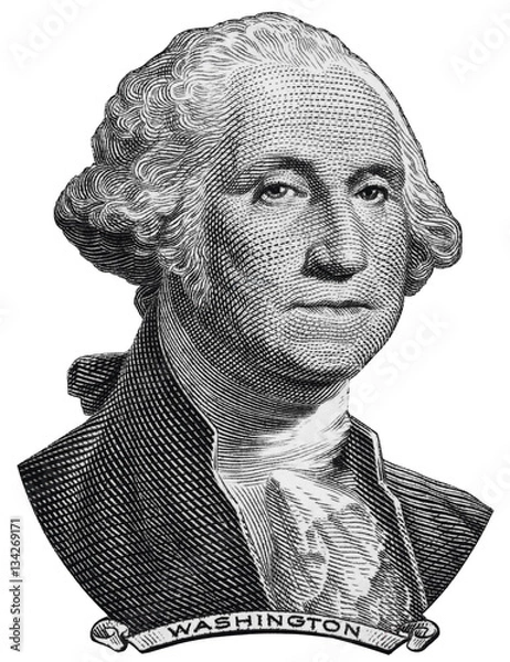 Obraz Prezydent USA George Washington twarzą w twarz na jednym amerykańskim banknot makro na białym tle, 1 USD, Stany Zjednoczone pieniądze zbliżenie