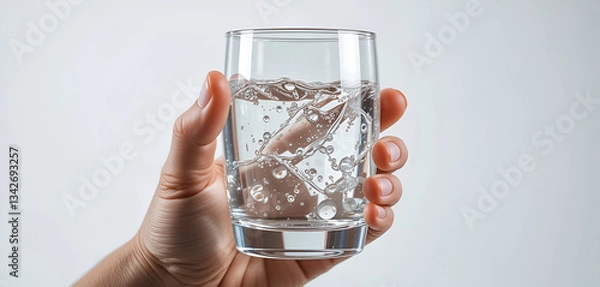 Fototapeta "Realistic Transparent Glass of Water Held by Hand on White Background