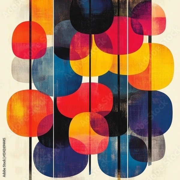 Fototapeta Vibrant Abstract Geometric Shapes in Bold Colors with Artistic Circular Patterns and Vertical Lines on a Light Background