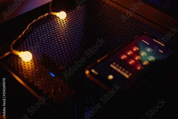 Fototapeta Smartphone at night on a technological table with neon lights.