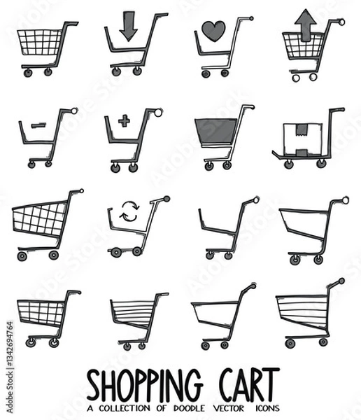 Fototapeta Shopping cart Doodle vector icon set. Drawing sketch illustration hand drawn line eps10