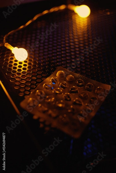Fototapeta Tablets in a package at night on a technological table with neons.