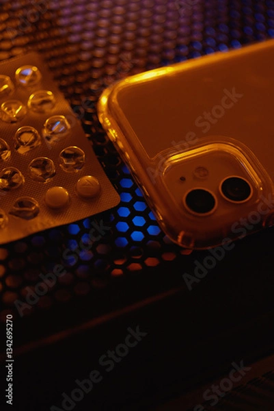Fototapeta Smartphone and pills in packaging at night on a technological table with neon lights.