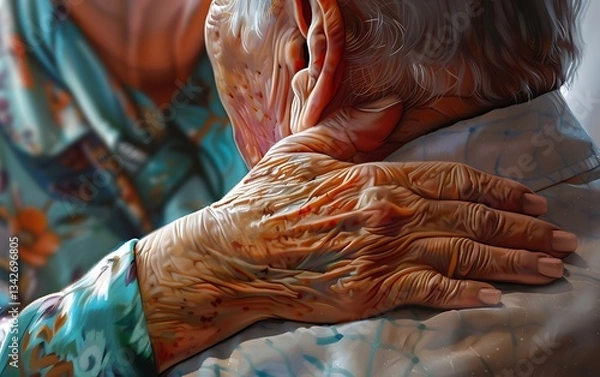 Fototapeta Close-up of a doctor's hand holding a patient's shoulder, showing support and compassion during a medical conversation in a clinic office. This image