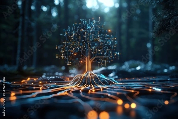 Fototapeta Exploring an ai decision tree hologram unveiling artificial intelligence in a forest setting digital art installation futuristic environment immersive perspective