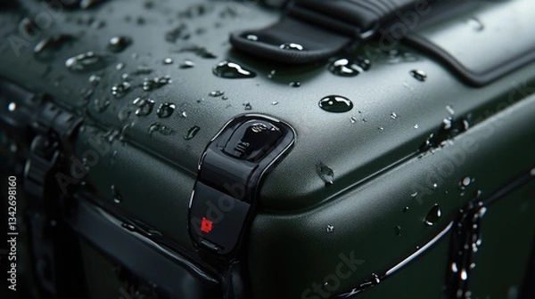 Obraz Durable, water-resistant travel case detail.  Close-up of a dark green case with water droplets, latch, and straps
