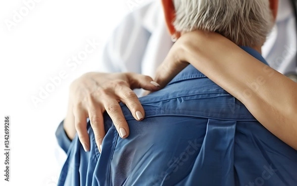 Fototapeta Close-up of a doctor's hand holding a patient's shoulder, showing support and compassion during a medical conversation in a clinic office. This image