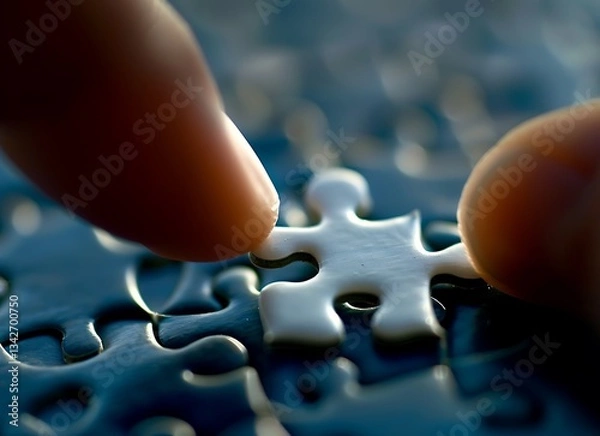Fototapeta Close-up of a hand holding a white puzzle piece to complete a jigsaw, against a blue background. High-resolution, professional photograph with high 