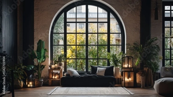 Fototapeta Cozy Loft Interior with Arched Window and Candles
