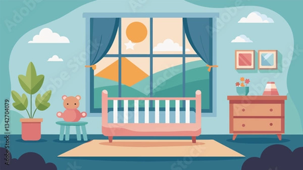 Fototapeta A cozy nursery with a large window that lets in natural light providing a peaceful and calming environment for a baby to rest and play.. Vector illustration
