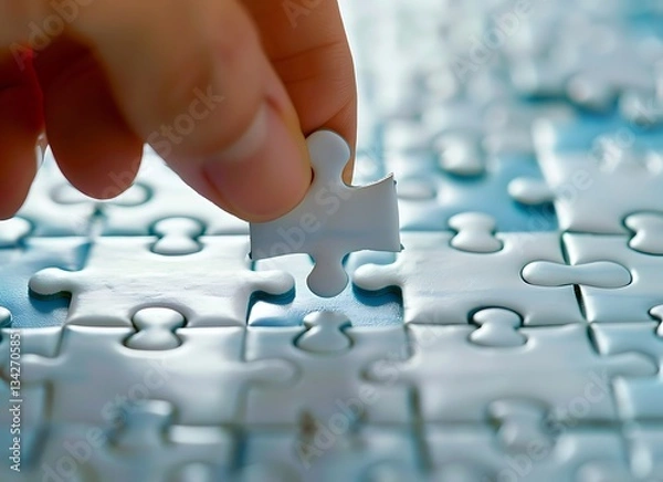 Fototapeta Close-up of a hand holding a white puzzle piece to complete a jigsaw, against a blue background. High-resolution, professional photograph with high 
