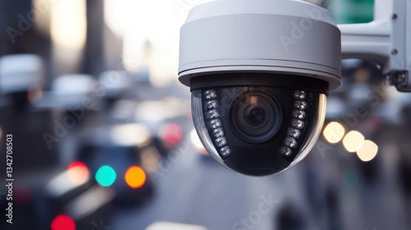 Obraz network of CCTV cameras monitors busy urban street