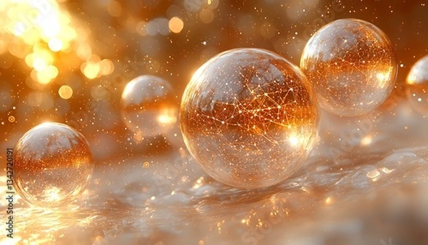 Fototapeta Golden Spheres Glow for Abstract Network.