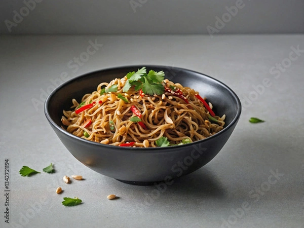 Fototapeta A bowl of stir-fried noodles, perfectly coated in a glossy soy and garlic sauce