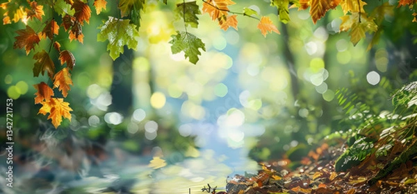 Fototapeta Falling leaves create magical atmosphere near waterfall in forest