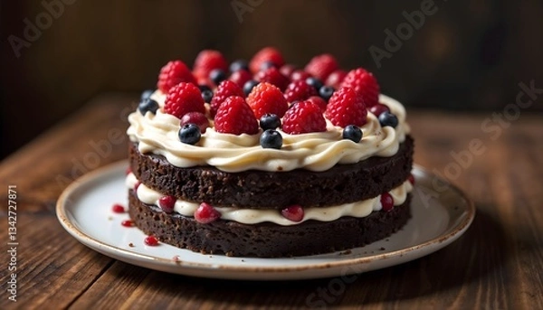 Obraz Delicious cake with creamy frosting, decorative toppings, and a soft, moist texture. 