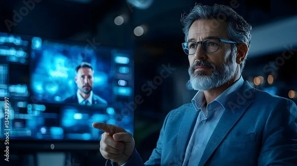 Fototapeta A financial analyst pointing at a graph showing the rise and fall of streaming service a large TV display of a popular show in the background providing data and insights for business decision making