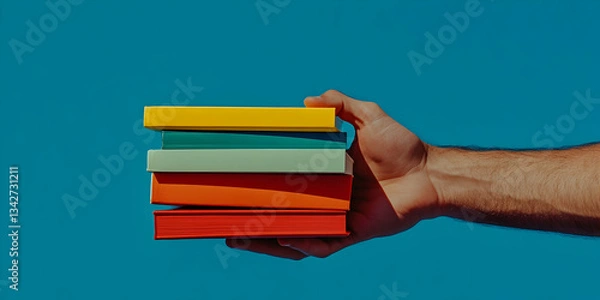 Obraz Hand Holding Stacked Colorful Books Against Bright Blue Backgrounds With Yellow Green Orange Red Cyan Colors  Artistic Composition of Book Stack With Hand Held in Close Up View