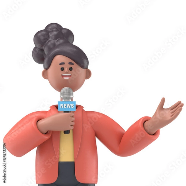 Fototapeta 3D illustration of african american woman Coco news presenter with microphone in hand.Transparent Background Mockup. Supports PNG files with transparent backgrounds.