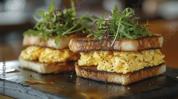 Fototapeta A culinary masterpiece unfolds: golden-brown scrambled egg sandwiches adorned with peppery arugula microgreens, a symphony of textures and tastes that tantalizes the taste buds.