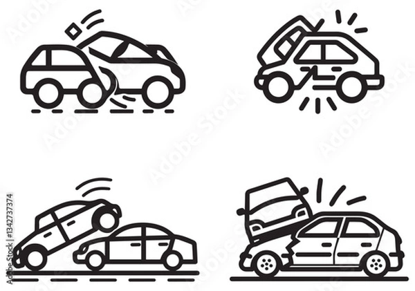 Fototapeta Two cars collide traffic accident black outline icon white background design.