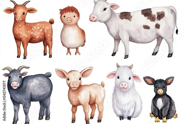 Fototapeta Set of watercolor charming country farm animals hand drawn on white background