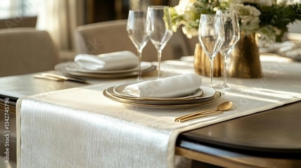 Obraz Elegant Table Setting: Dinnerware, Napkins & Decor
