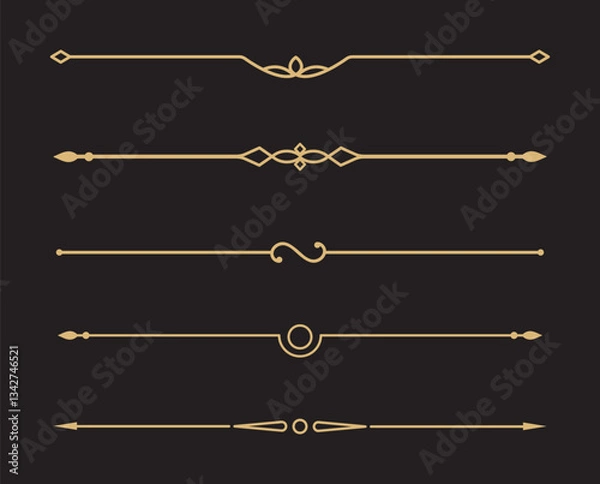 Fototapeta Set of Vintage decorative golden lines. text dividers. Gold line border. Lines separators, Borders, Vintage dividers, Underline elements. Vector illustration