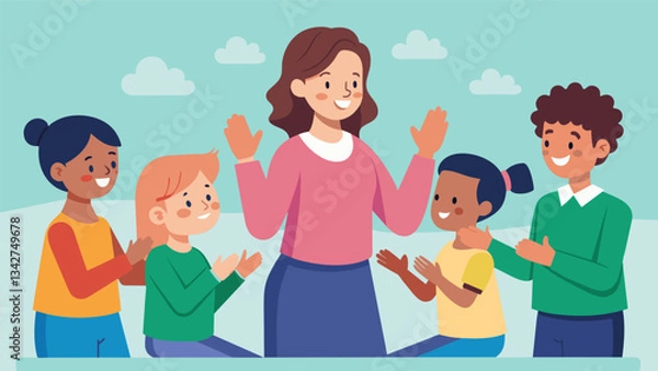 Fototapeta The class learns a new fingerplay and follows along with the teacher their small hands moving in sync.. Vector illustration