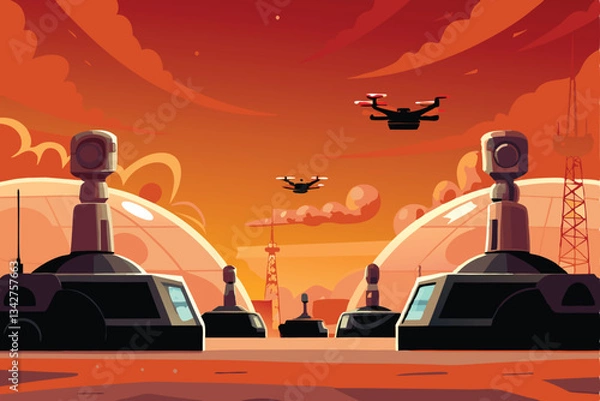 Fototapeta A sleek, futuristic military base showcasing advanced drone technology;  high-tech weaponry integrated into the architecture.