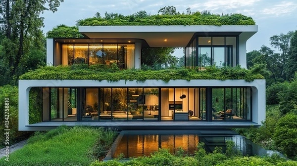 Fototapeta A modern white building with a green roof and lush vegetation showcases sustainable architecture, promoting eco-friendly urban living and environmental consciousness