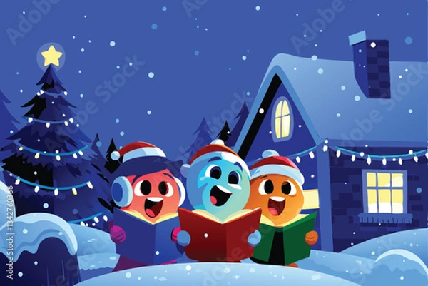 Fototapeta Cheerful cartoon characters, diverse and vibrant, joyfully singing Christmas carols together.  Illustrative style, festive backdrop.