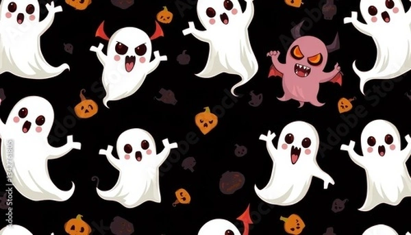 Obraz Spooky cartoon ghost and devil seamless Halloween pattern, perfect for wrapping paper or textile design, seamless, evil