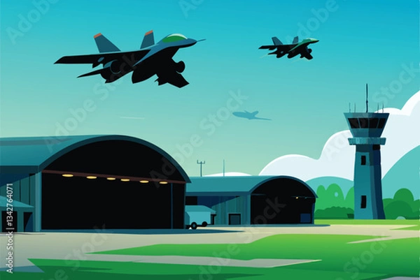 Fototapeta Dynamic image of military jets launching from a bustling airbase, showcasing hangars and support infrastructure.