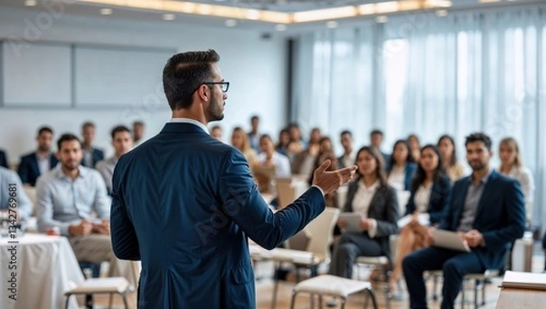 Fototapeta Confident businessman giving a presentation in front of crowd in meeting conference seminar room. Leadership authority teamwork in business concept