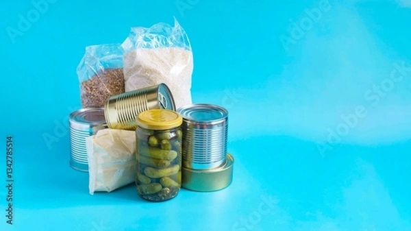 Fototapeta A set of products that can be stored for a long time. Banner with various products, cereals, pasta, canned food in close-up on a light background