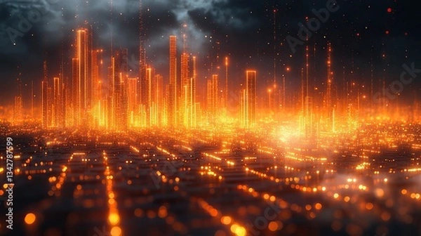 Obraz Orange lights illuminate a futuristic city, a grid pattern defines the metropolis