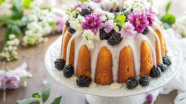 Fototapeta  Elegant Blackberry Bundt Cake with Floral Decoration. Festive Celebration Dessert for Special Occasions, Adding a Touch of Elegance and Festivity