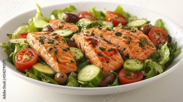Fototapeta A vibrant tapestry of flavors, where chunks of succulent salmon fillet danced amidst a symphony of fresh lettuce, tomatoes, cucumbers, and olives, drizzled with a tangy vinaigrette, a testament to