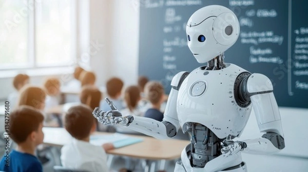Fototapeta Robot Teacher Engaging Students in a Modern Classroom Setting
