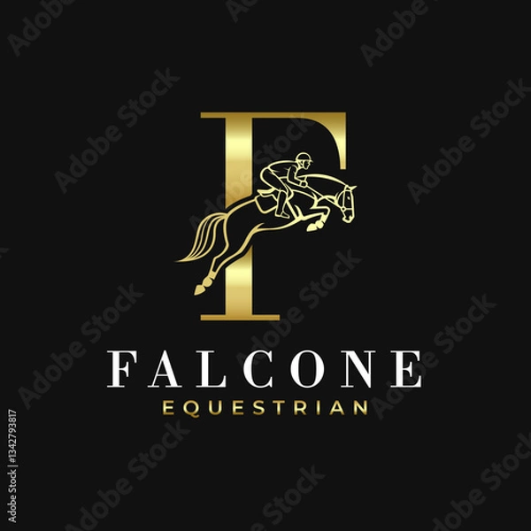 Fototapeta Elegant Luxury Abstract Line Letter F Monogram Horse Jump Alphabet Logo, Show Jumping Logo, Horse Jump, Typography