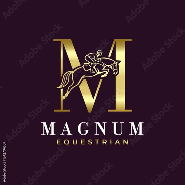 Fototapeta Elegant Luxury Abstract Line Letter M Monogram Horse Jump Alphabet Logo, Show Jumping Logo, Horse Jump, Typography